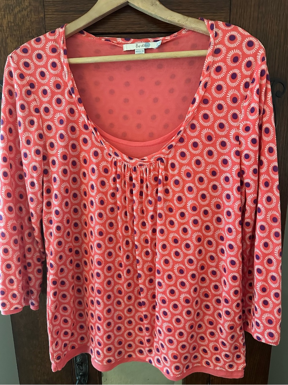 Boden Coral Pink Double Layer Polka Dot Tencel Scoop Neck Women's Top Size US 12